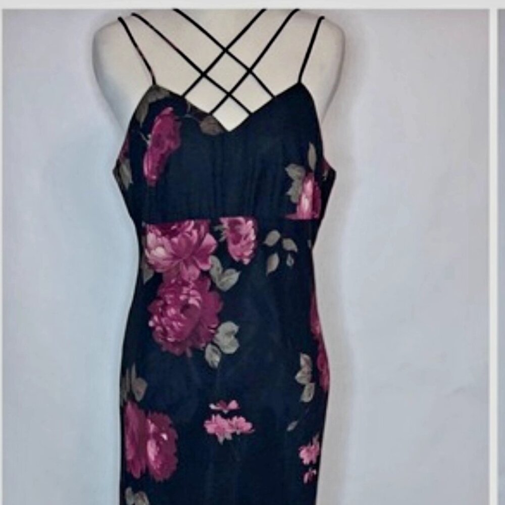 Evan Picone Black and Pink Floral Midi Dress with Criss-Cross Straps